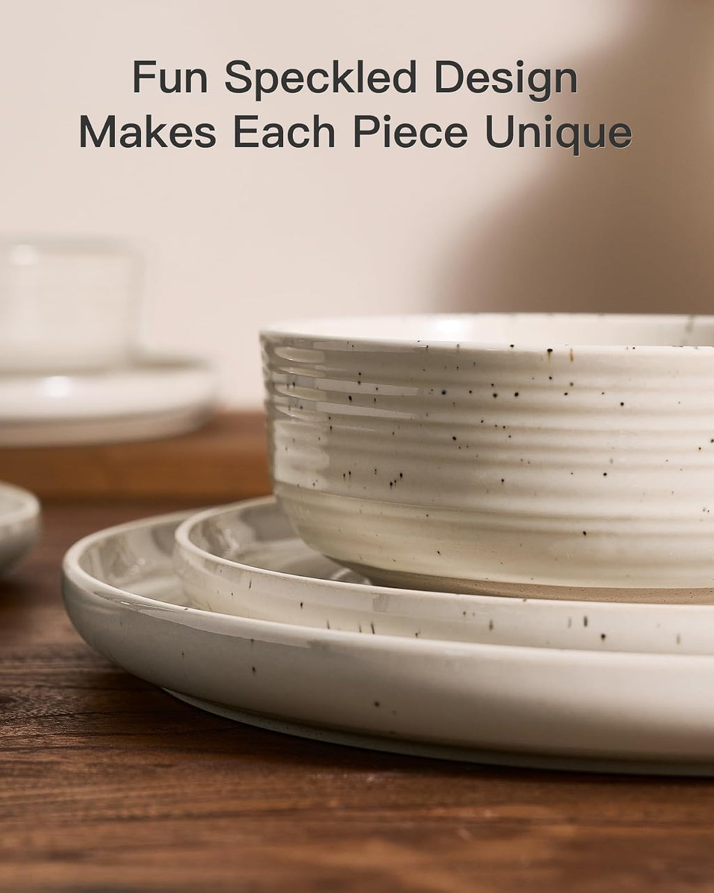 18-Piece Stoneware Reactive Glaze Dinnerware Set, Flared Plates & Bowls with Speckles & Spirals, Chip & Scratch Resistant Dishes, Dishwasher Safe, Service for 6, Gift Box, Shell Beige