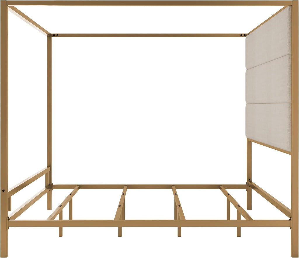 Modern Metal King Size Canopy Platform Bed with with Tall Linen Fabric Upholstered Headboard and 4 Poster Design, Box Spring Needed (Gold+Tan, King)