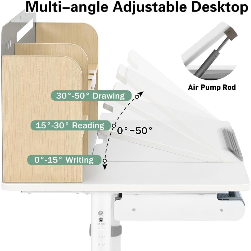 COSVALVE 39in Wide Adjustable Height Kids Desk with Tilting Desktop, Steel Frame, Drawer, and Bookshelf Hutch, Study Child Table for Ages 3-12, Grey