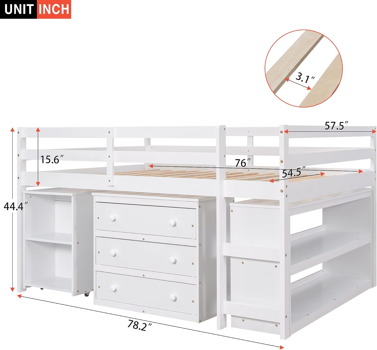 JIVOIT Full Size Low Loft Bed with Rolling Portable Desk, Wooden Loft Bed with Cabinet/Bookshelf/Drawers/Open Shelves for Kids Teens Adults, No Box Spring Required (White-Full-Rolling Portable Desk)