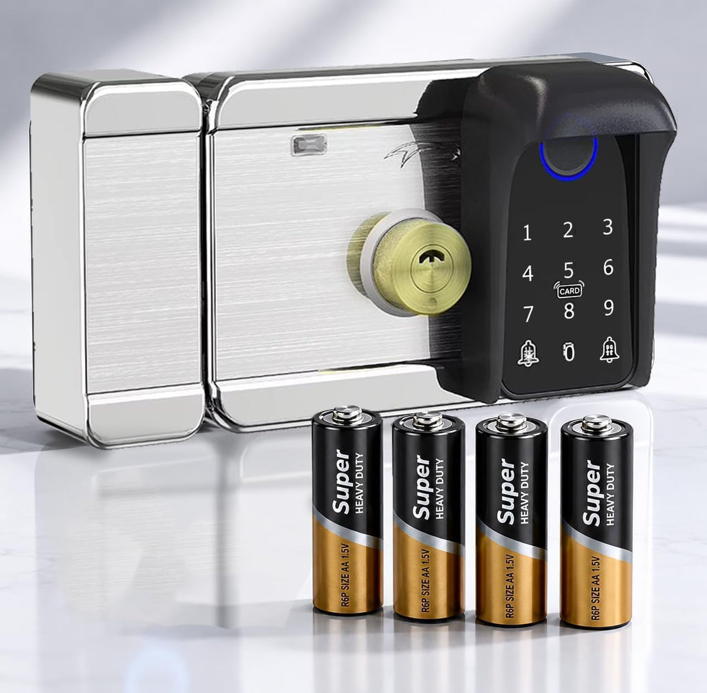 Smart Latch Double Side Gate Lock, Keyless Fingerprint Rim Lock with Keypad, Password & IC Card - Waterproof Electronic Digital Door Deadbolt for Outdoor Fence (Black Waterproof)
