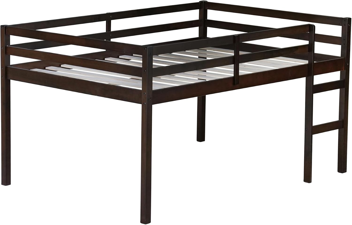JIVOIT Full Size Bed Frame, Rubber Wood Loft Bed with Ladder, Low Height Design Loft Bed, Central Strengthened Support Slat, No Box Spring Needed