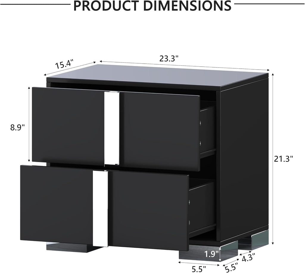 Modern Black Nightstand Set of 2 for Bedroom, Elegant 2 Drawer Nightstand with Silver Mirrored Handle and Base, Wood End Table Sofa Side Table for Living Room Bedroom (Black)