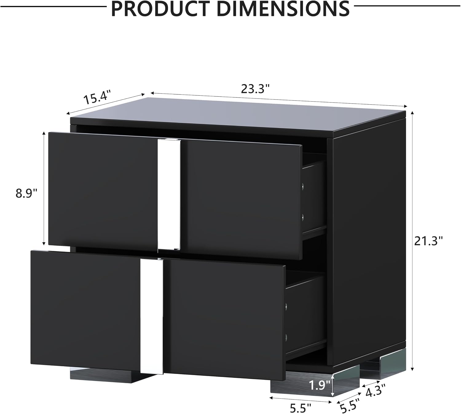 Modern Black Nightstand Set of 2 for Bedroom, Elegant 2 Drawer Nightstand with Silver Mirrored Handle and Base, Wood End Table Sofa Side Table for Living Room Bedroom (Black)