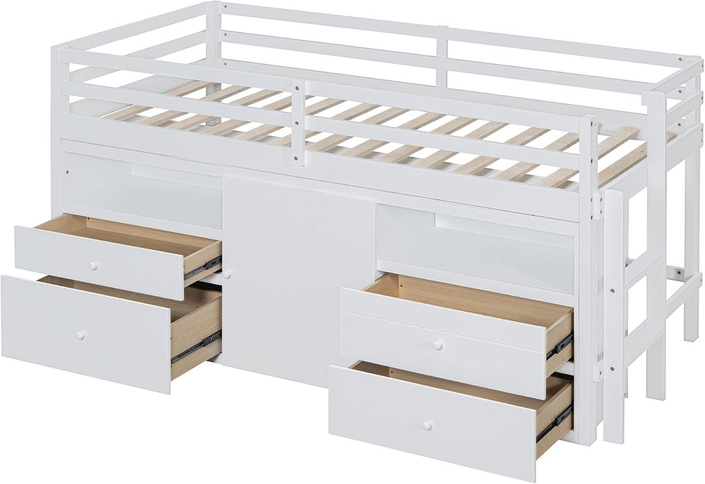JIVOIT Twin Size Loft Bed with 4 Drawers, Underneath Cabinet and Shelves, Muti-Functional Loft Bed with Full-Length Guardrails and Ladder, Space-Saving Low Loft Bed for Kids Teens (White & 4 Drawers)