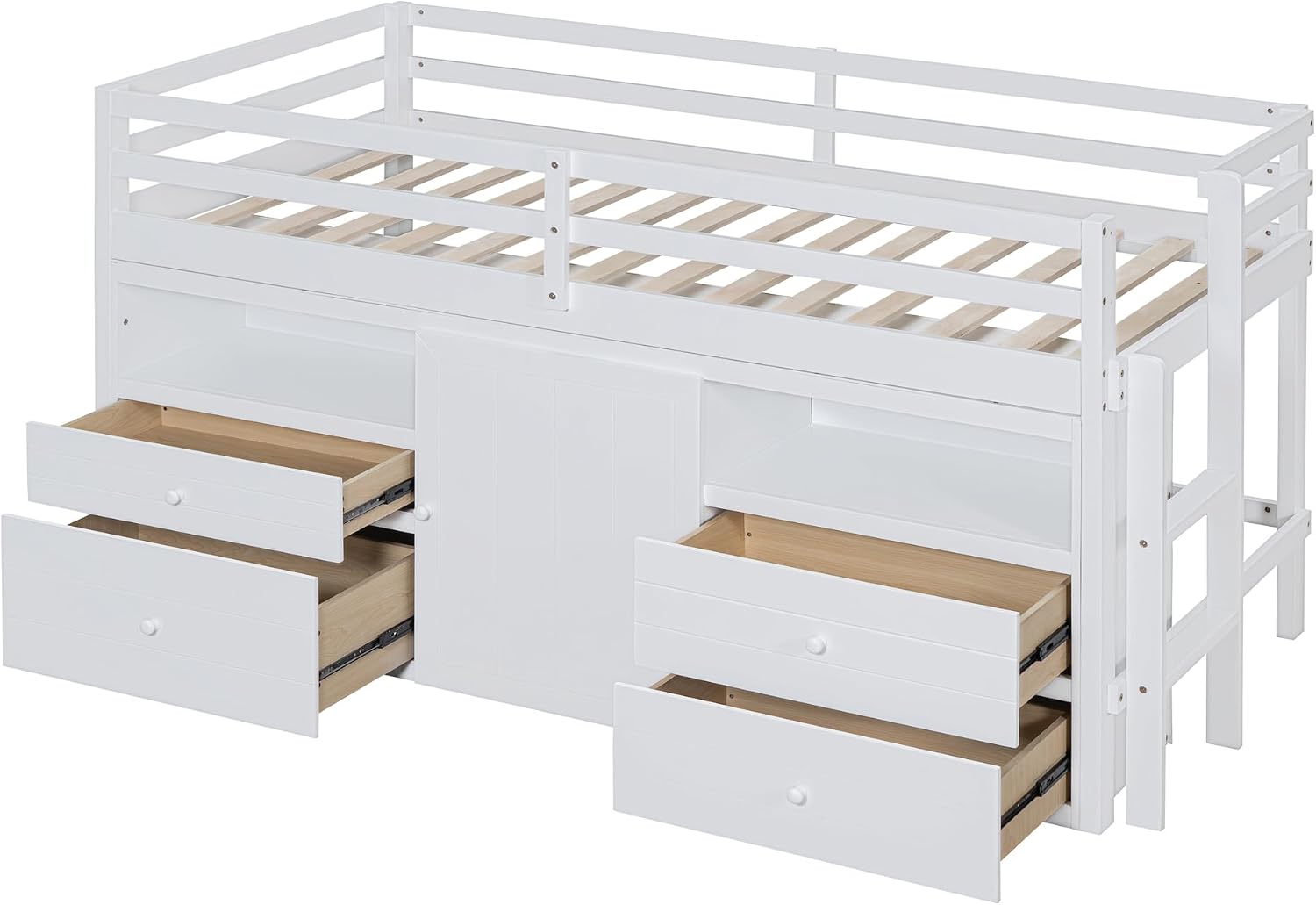 JIVOIT Twin Size Loft Bed with 4 Drawers, Underneath Cabinet and Shelves, Muti-Functional Loft Bed with Full-Length Guardrails and Ladder, Space-Saving Low Loft Bed for Kids Teens (White & 4 Drawers)