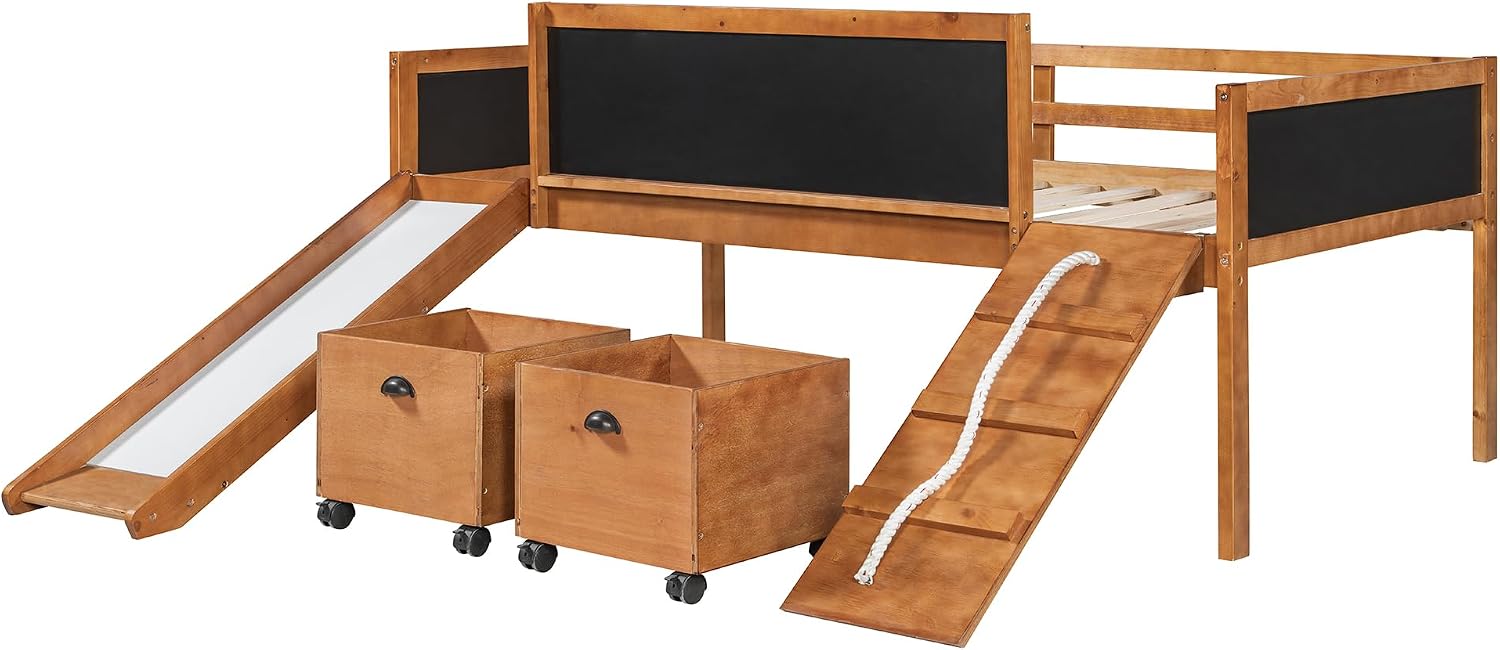 JIVOIT Twin Size Low Loft Bed with Climbing Frame & Rope, Wood Loft Bed Frame with Two Storage Boxes, Slide and Double-Sided Chalkboard, Pine Wood Bed Frame for Teens (Natrual+Rope)