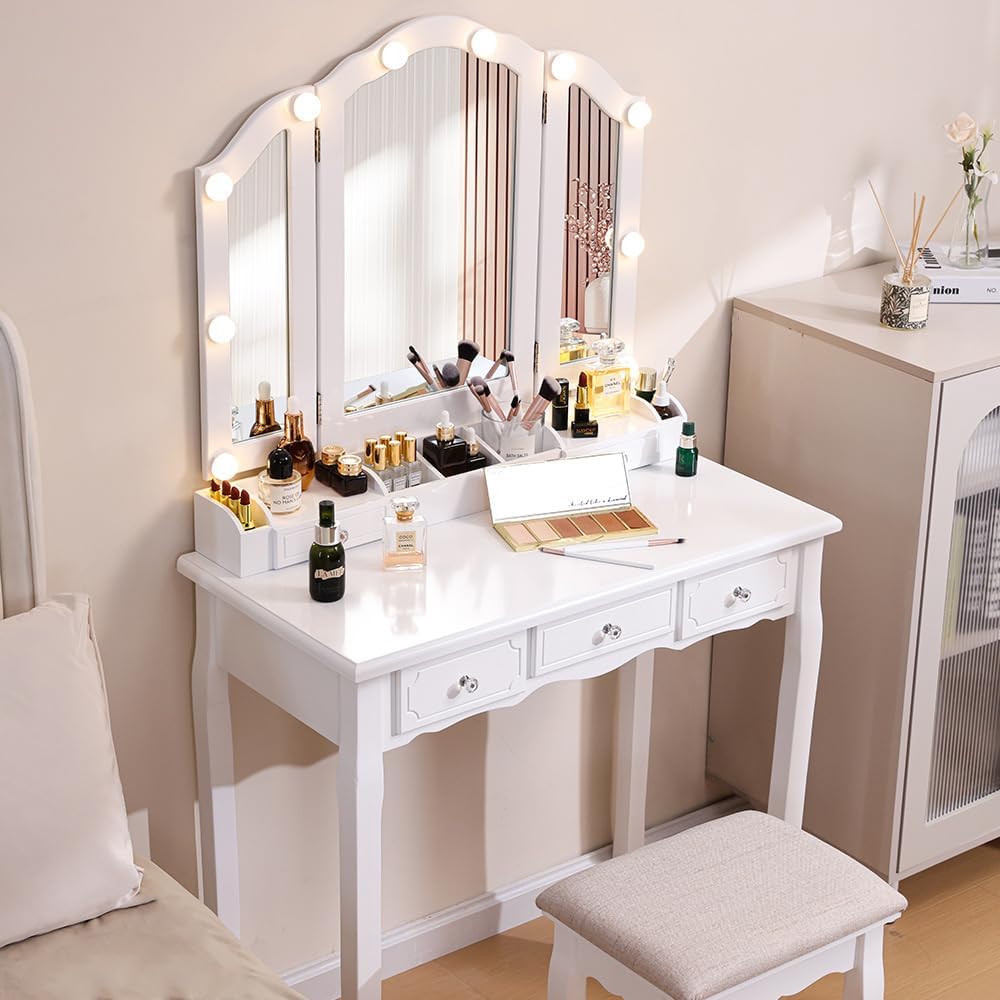 Vanity Desk with Mirror and Lights White Girls Vanity Set with Mirror and Cushioned Stool Makeup Vanity Table with Lighted Mirror & 5 Drawers(White)