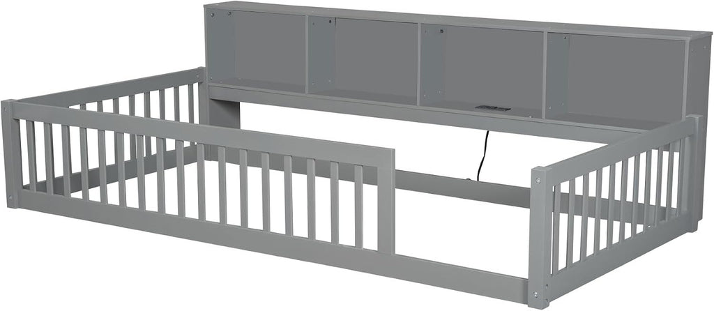 Bellemave Kids Montessori Floor Bed Twin XL Size,Floor Bed Frame with Bookcase and Charging Station for Kids Boys Girls,Gray