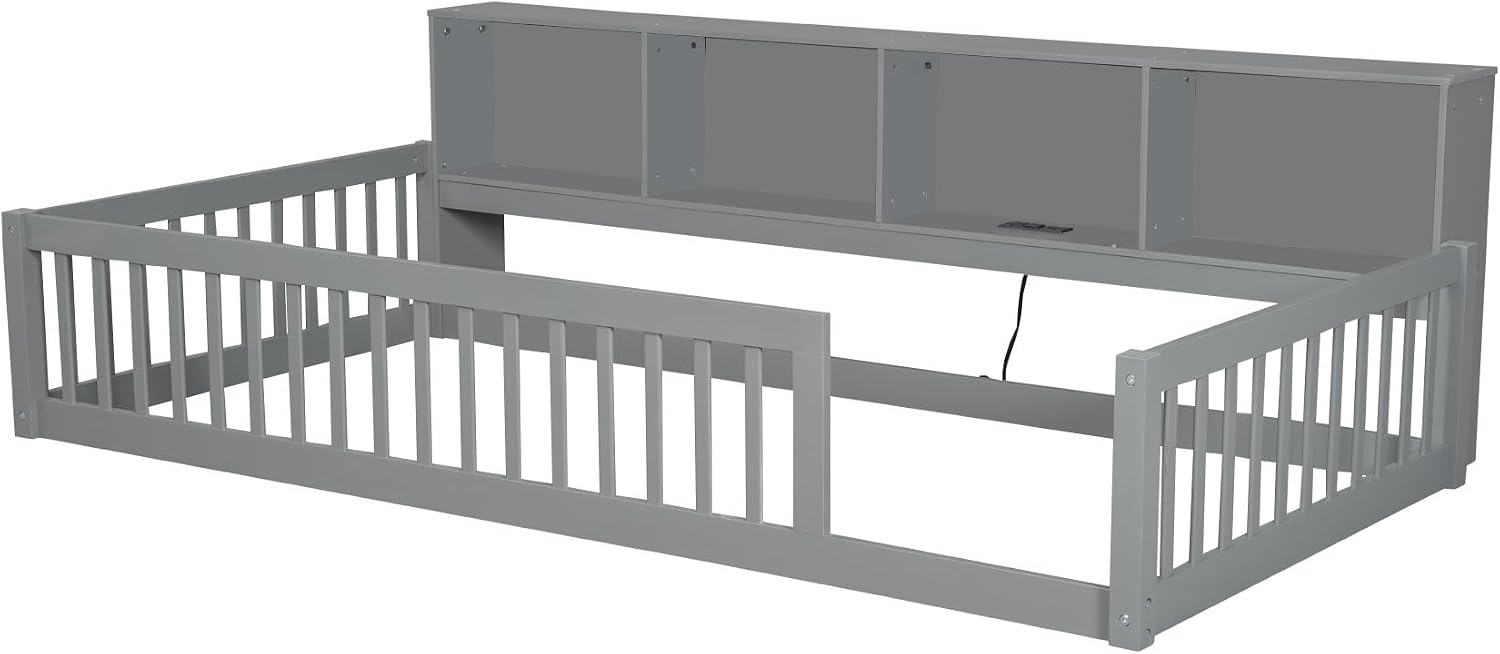 Bellemave Kids Montessori Floor Bed Twin XL Size,Floor Bed Frame with Bookcase and Charging Station for Kids Boys Girls,Gray
