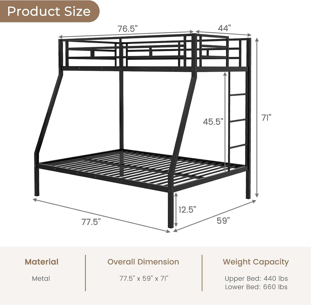 DORTALA Twin Over Full Bunk Bed, Metal Bunk Bed Frame w/Ladder, Safety Rail & Steel Slats, Space-Saving Bunk Beds for Kids Teens Adults, Noise Free for Dorm Bedroom, No Box Spring Needed, Black
