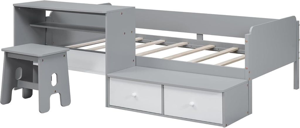 Functional Design Twin Size Platform Bed Daybed with 2 Drawers and 1 Chair&Desk Set, Solid Wood Daybed Frame with Full-Length Guardrails for Kids Boys Girls, Sturdy Slat Support (Gray+White)