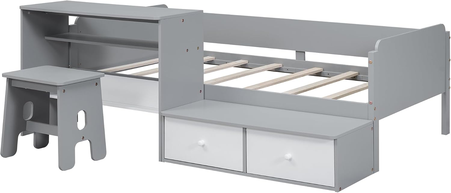 Functional Design Twin Size Platform Bed Daybed with 2 Drawers and 1 Chair&Desk Set, Solid Wood Daybed Frame with Full-Length Guardrails for Kids Boys Girls, Sturdy Slat Support (Gray+White)
