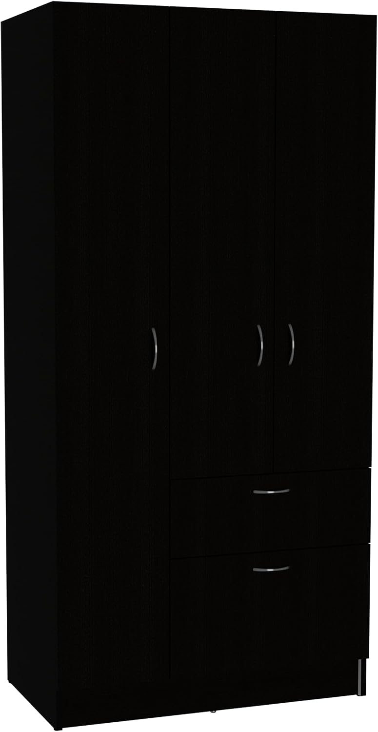 3-Piece Bedroom Set with Wardrobe & 2 Nightstands, Easy Assembly Tool-Free Design with Interlocking System, Black Storage Furniture for Small Spaces