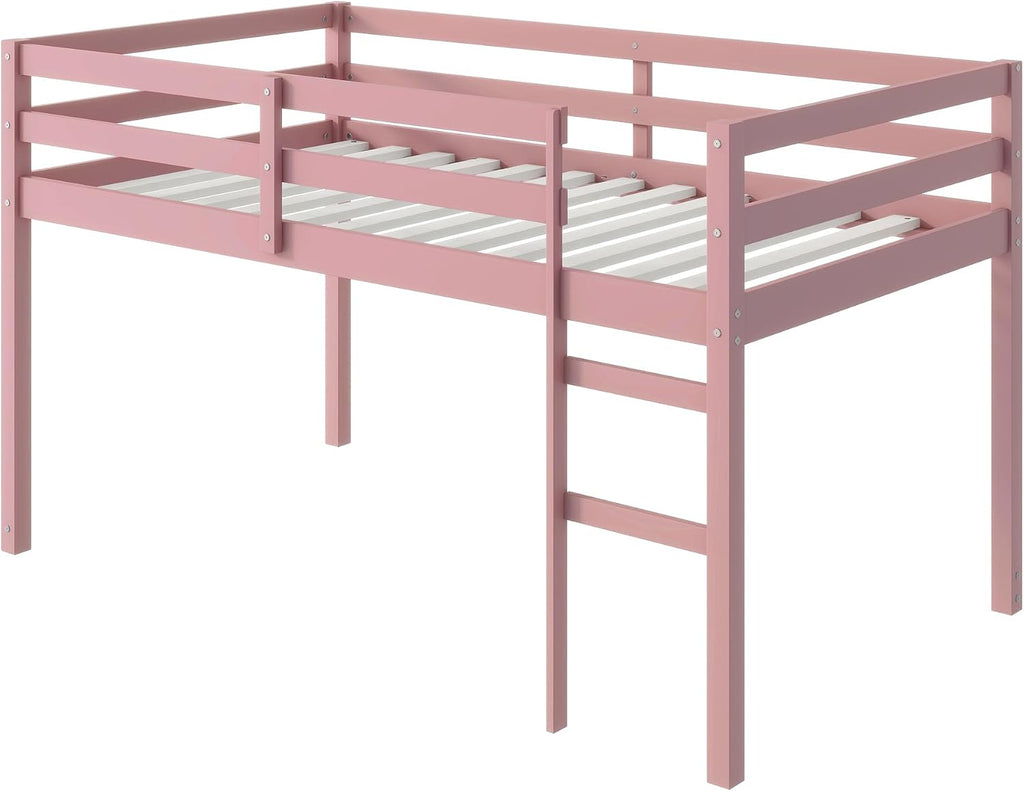 JIVOIT Twin Size Loft Bed with Ladder, Solid Rubber Wooden Low Height Loft Bed, Bed Platform of Strengthened Slats, No Box Spring Needed (Pink//14)