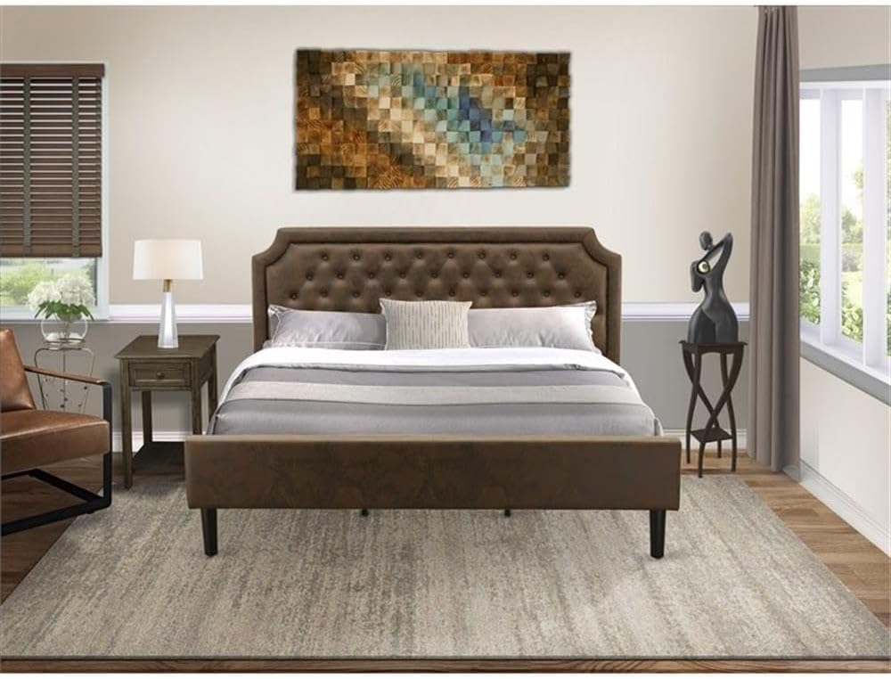 East West Furniture GB25K-1DE07 2-Pc Granbury King Size Bedroom Set with Button Tufted King Frame and 1 Distressed Jacobean Small End Table - Dark Brown Faux Leather with Black Texture and Black Legs