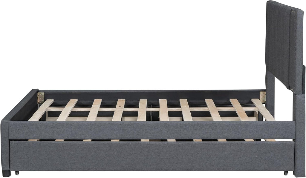 Merax Full Size Upholstered Platform Bed with 1 Twin Size Trundle and 2 Drawers,Soft Classic Headboard Design,Grey