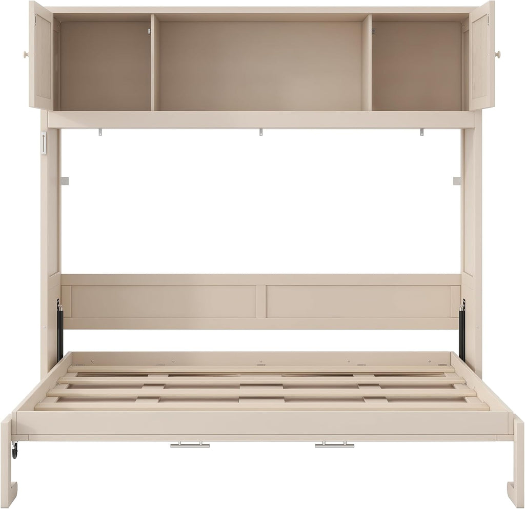Harper & Bright Designs Full Size Murphy Bed, Wood Hidden Foldable Wall Bed Frame with Storage Cabinet for Bedroom, Office, Space-Saving, Beige