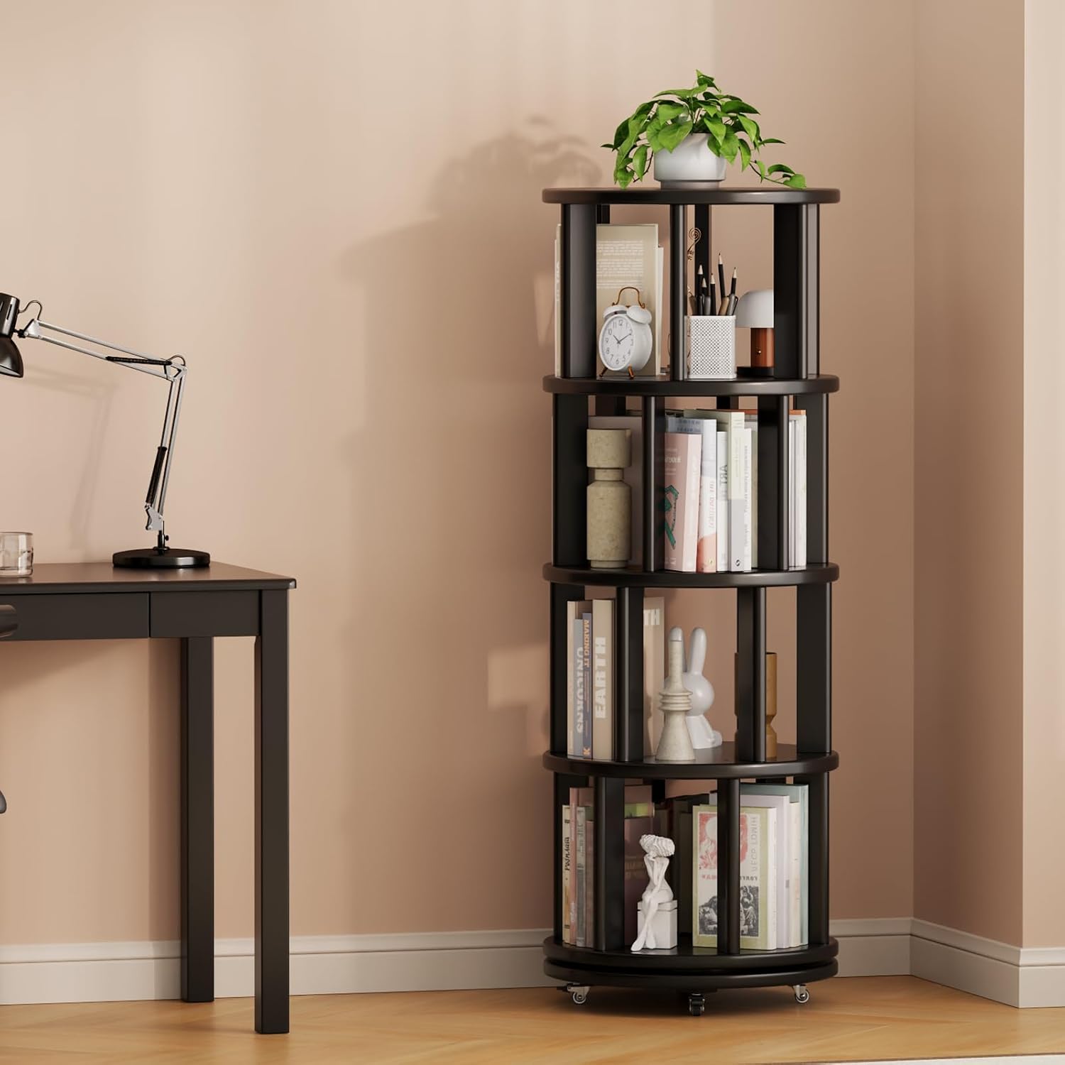 Muwuele Solid Wood Rotating Bookshelf on Wheels, 4 Tier, Round Revolving Bookcase, 360° Spinning Book Shelf Tower for Kids, Narrow Rolling Bookshelves for Small Space, Corner, Bedroom, Office, Black