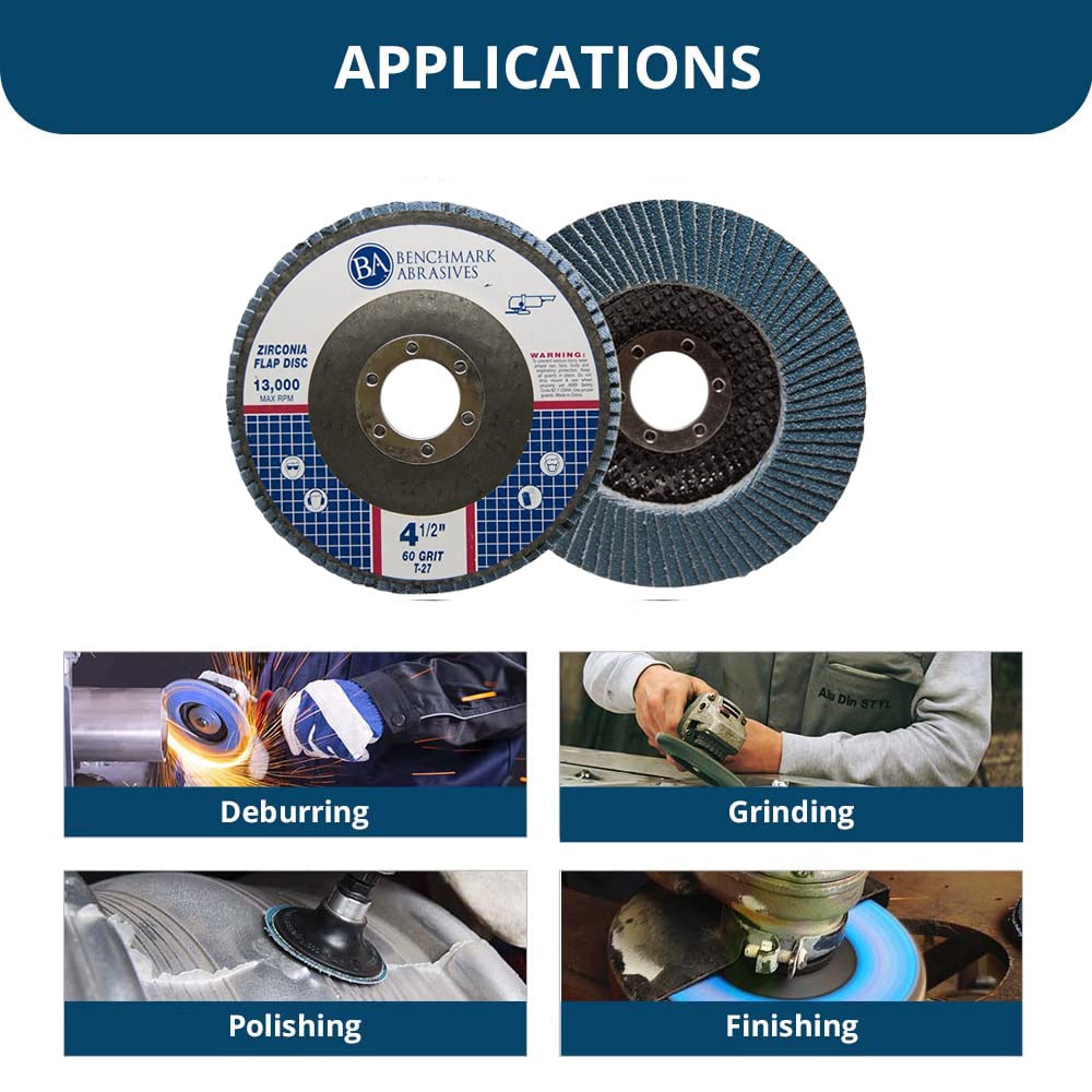 Benchmark Abrasives 4.5' x 7/8' Premium Zirconia T27 Flat Flap Discs 4 1/2 for Angle Grinder Sanding Discs, Finishing Grinding Wheels 4 1/2 Inch for Sanding Stock Rust Removal (100 Pack) - 60 Grit