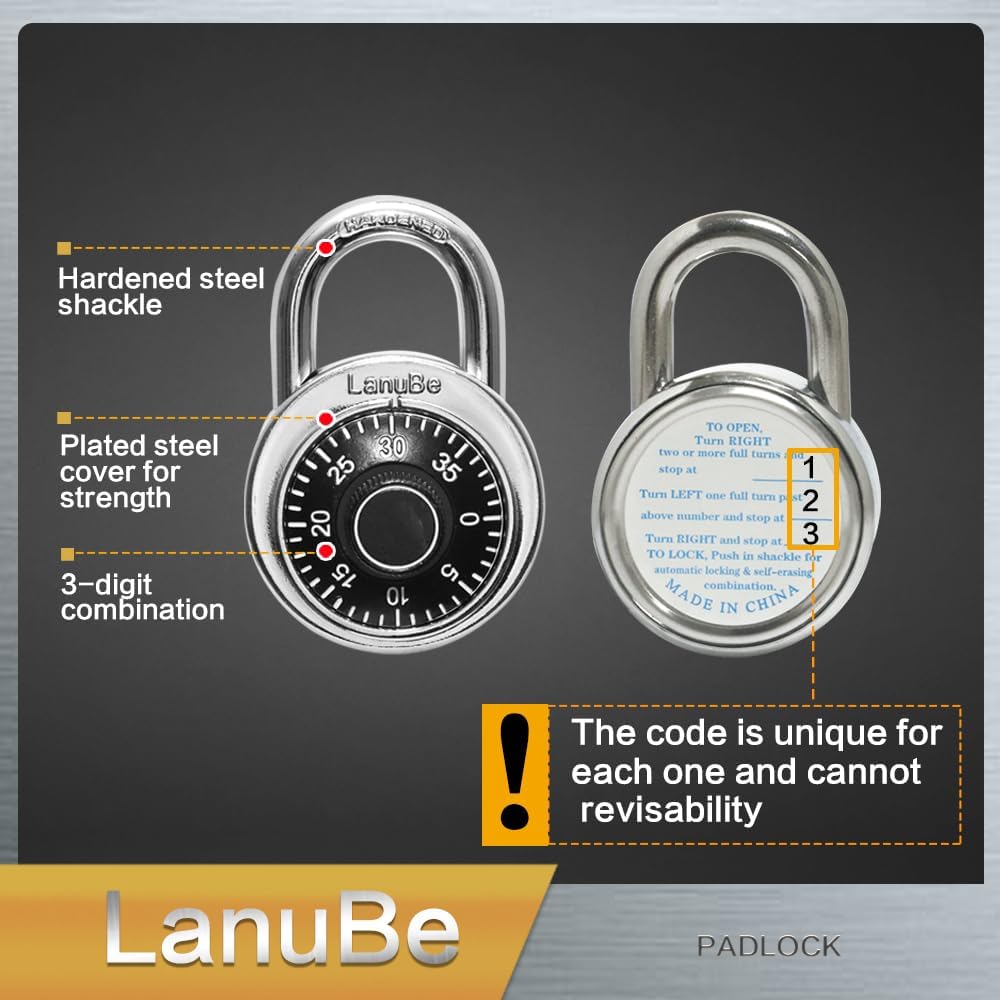 LanuBe Lock Standard Dial Combination Lock, 2 in. Wide, with Different Combinations, Black Turnplate, Pack of 48; Lock for School, Employee, Gym & Sports Locker, Case, Toolbox, Fence and so on