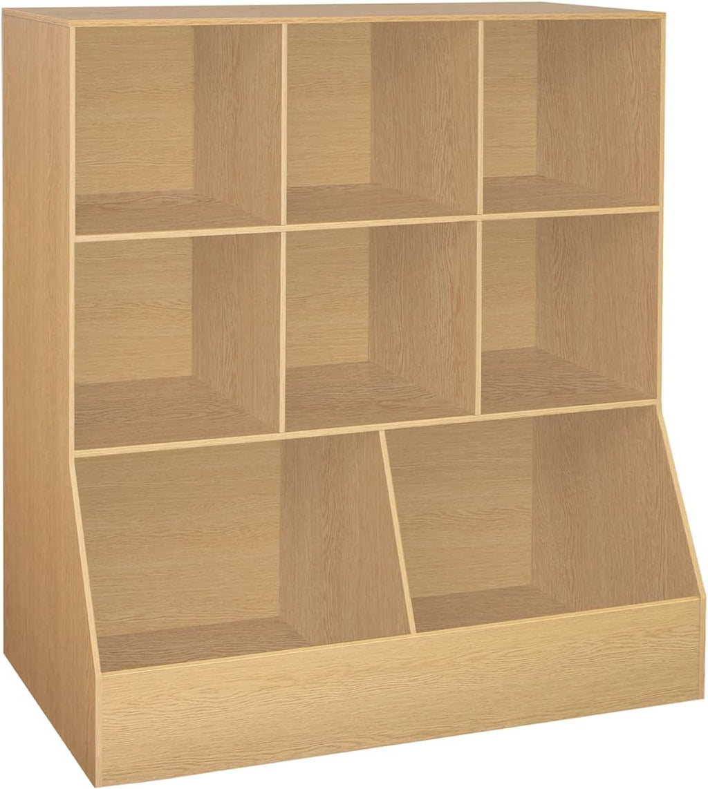 DINZI LVJ Toy Storage Organizer, Kids Bookshelf, Wood Toy Storage Cabinet, 3-Tier 8 Cubby Children Bookcase, 39.4' L Toddler Book Shelf for Playroom, Living Room, Nursery, Hallway, Classroom, Natural