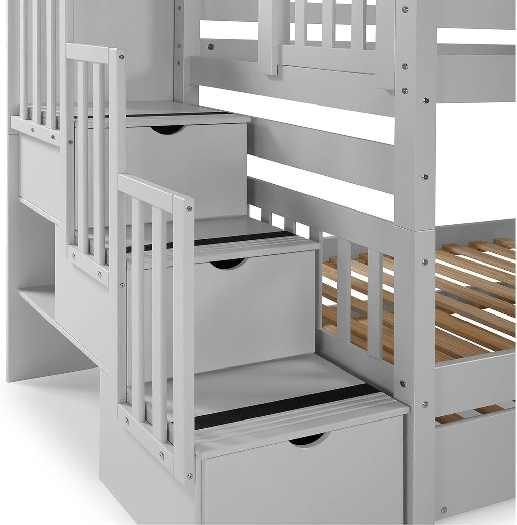Bedz King Stairway Bunk Beds Twin Over Twin, 3 Step Drawers and a Twin Trundle, Gray