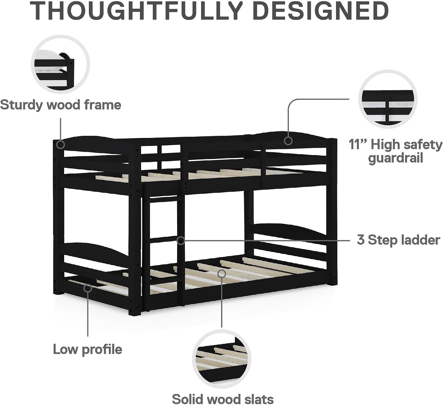 DHP Phoenix Twin Bunk Bed with Ladder, Black, Space-Saving Design, Solid Wood Construction