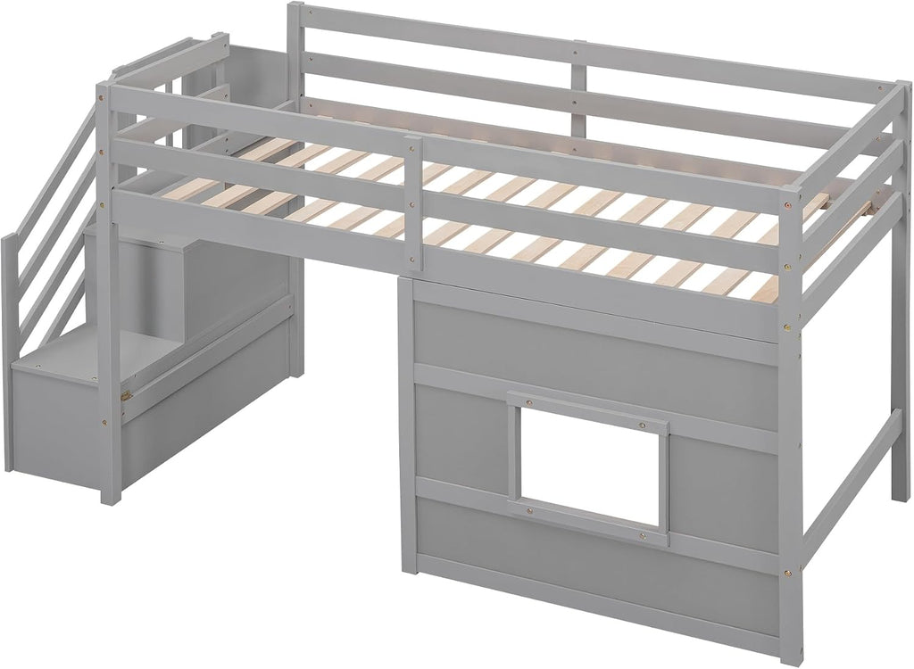 JIVOIT Low Loft Bed with Storage Staircase and Window, Twin Size Loft Bed with Guardrails and Wood Slats Support, Solid Wood Bed Frame, Space Saving Design, No Box Spring Need (Gray,Staircase+Window)
