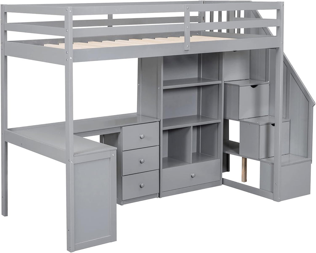 Twin Size Loft Bed with L-Shaped Desk and Drawers,Multifunctional Wooden Bed Frame,W/Cabinet and Storage Staircase, No Box Spring Requiredfor Kids Boys Girls Teens,Gray
