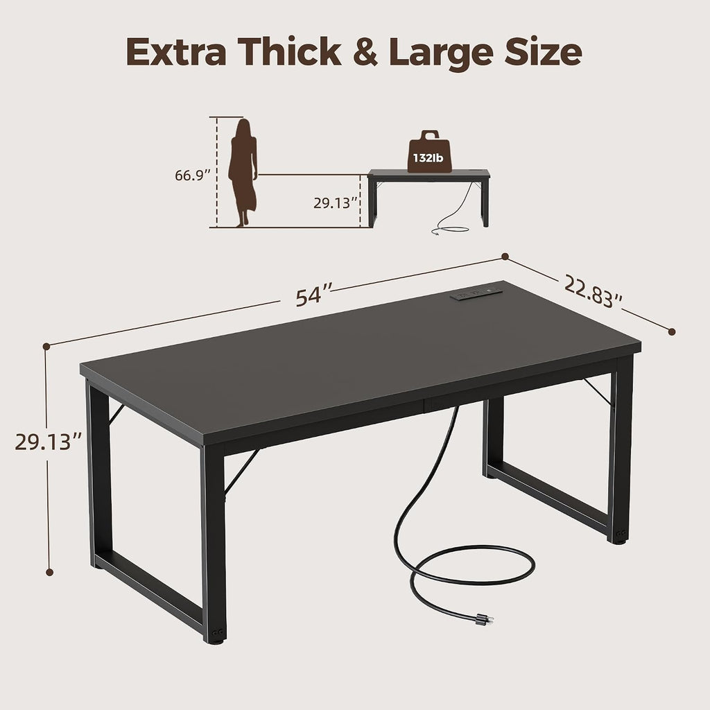 Mericonia 54 Inch Computer Desk with Power Outlets, 1.2' Thick Heavy Duty Industrial Office Desk, Modern Simple Study Writing Table for Home Office Bedroom Workstation, Black