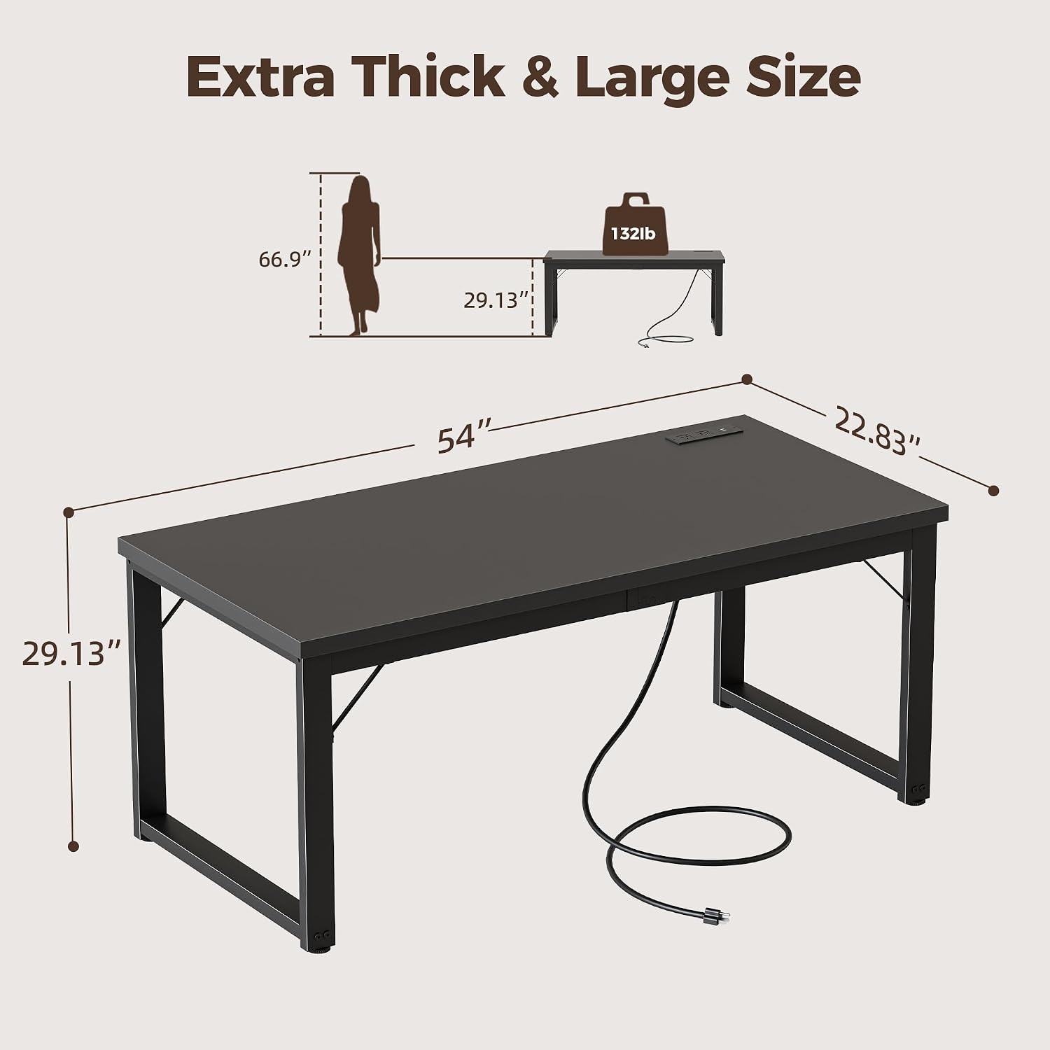 Mericonia 54 Inch Computer Desk with Power Outlets, 1.2' Thick Heavy Duty Industrial Office Desk, Modern Simple Study Writing Table for Home Office Bedroom Workstation, Black