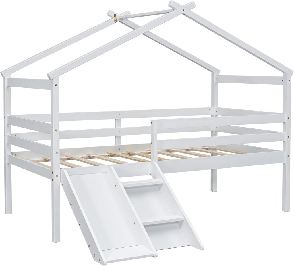 JIVOIT Twin Size Low Loft Bed with Slide and Ladder, House Loft Bed with Safety Guardrails, Capacious Space Under Bed, House Roof Frame for Kids Teens Girls Boys (White * 098)