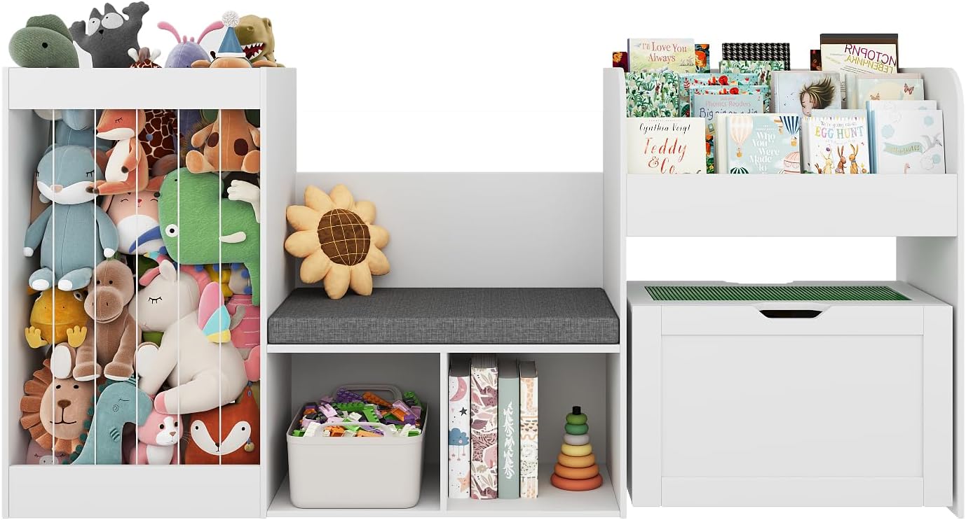 68.9' W Kids Reading Nook, Toy Storage Box with Removable Building Baseplate Play Lid for Lego, Wooden Bookshelf with Stuffed Animal Storage, Bench and Removable Cushions for Playroom(White)