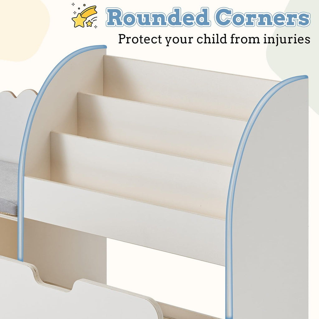 67' Kids Reading Nook with Bench, Children Toy Storage Organizer with Seat Cushion, 6 Storage Cubbies, Movable Drawers,Kid Bookshelf and Bookcase for Playroom, Bedroom, School, Ivory White