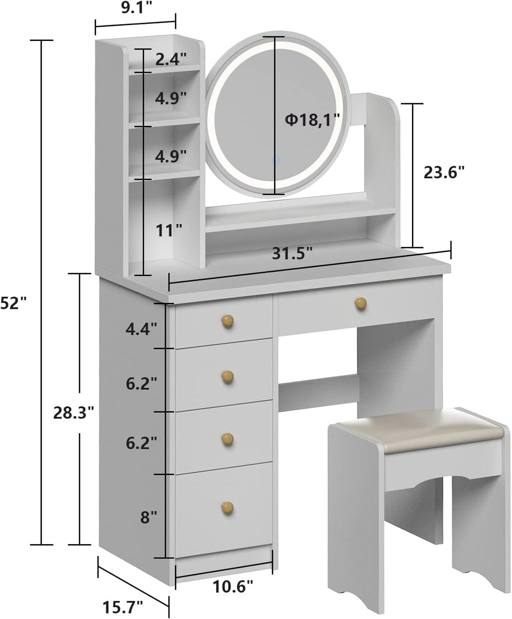 Vanity Desk Set with Lighted Mirror, Makeup Vanity with 5 Drawer & Shelf, Dressing Table with Touch Screen Light & Jewelry Organizer for Bedroom, White (Lighted Mirror)