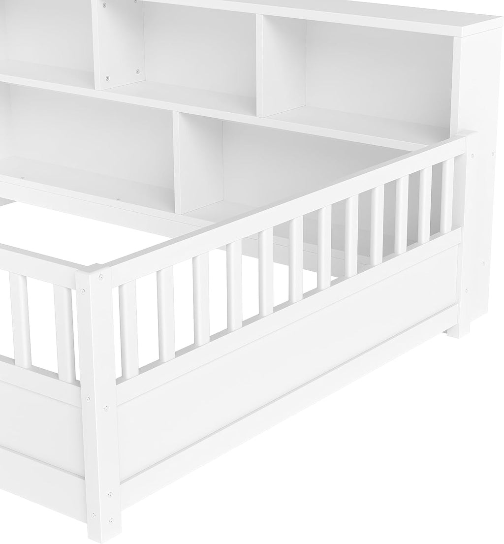 JIJIWANG Full Size Floor Bed for Kids, Wooden Montessori Bed Frame with Bookcase, Storage Shelves & Safety Fence Rails, Floor Beds Full for Girls, Boys, No Box Spring Needed, Without Slats, White