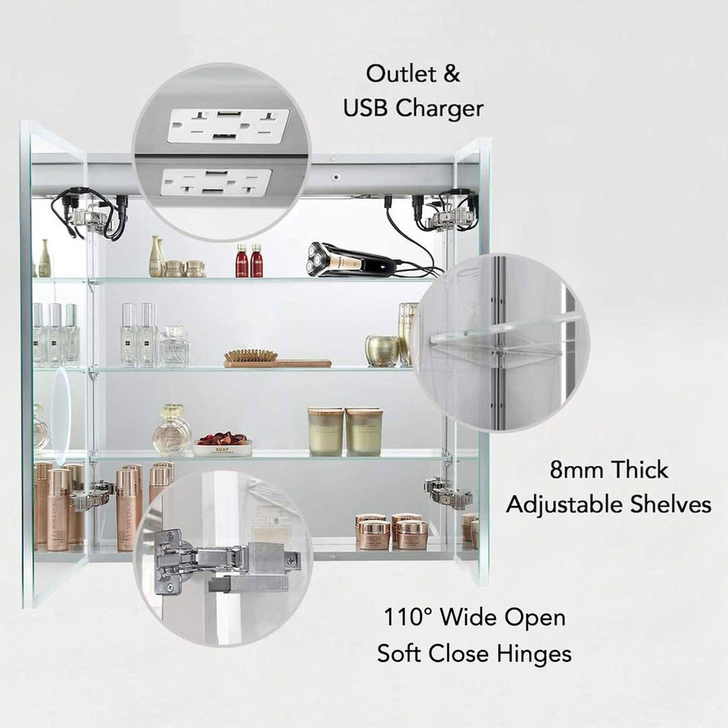 Blossom LED Lighted Mirror Medicine Cabinet, 30x32 Inch - Recessed or Surface Bathroom LED Medicine Cabinet with Mirror, Defogger, Adjustable Brightness - 3X Makeup Mirror, Outlets & USB Ports