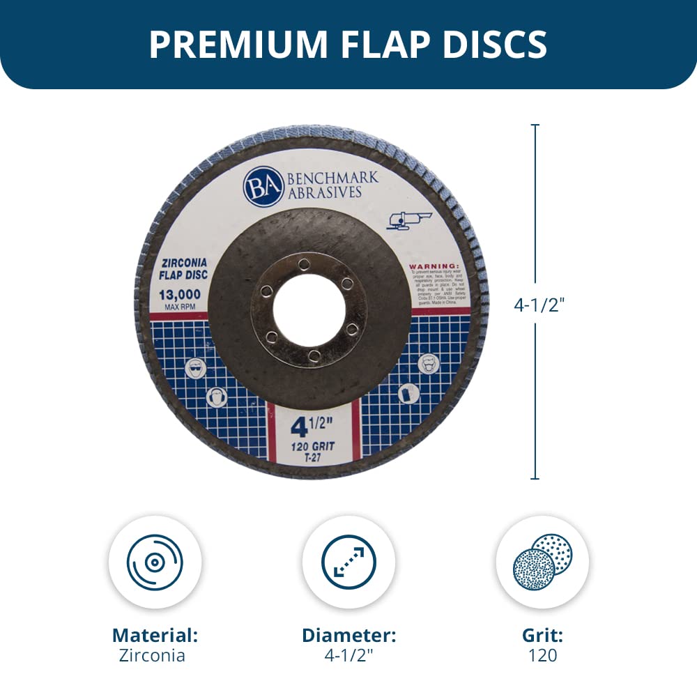 Benchmark Abrasives 4.5' x 7/8' Premium Zirconia T27 Flat Flap Discs 4 1/2 for Angle Grinder Sanding Discs, Finishing Grinding Wheels 4 1/2 Inch for Sanding Stock Rust Removal (100 Pack) - 120 Grit