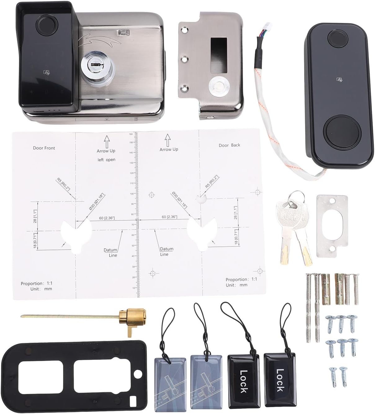 Smart Gate Lock, 5 in 1 Double Sided Fingerprint Locks with Password Card Key Wireless APP Control 290 Users Capacity Electronic Deadbolt Set for Garden Fence Yard