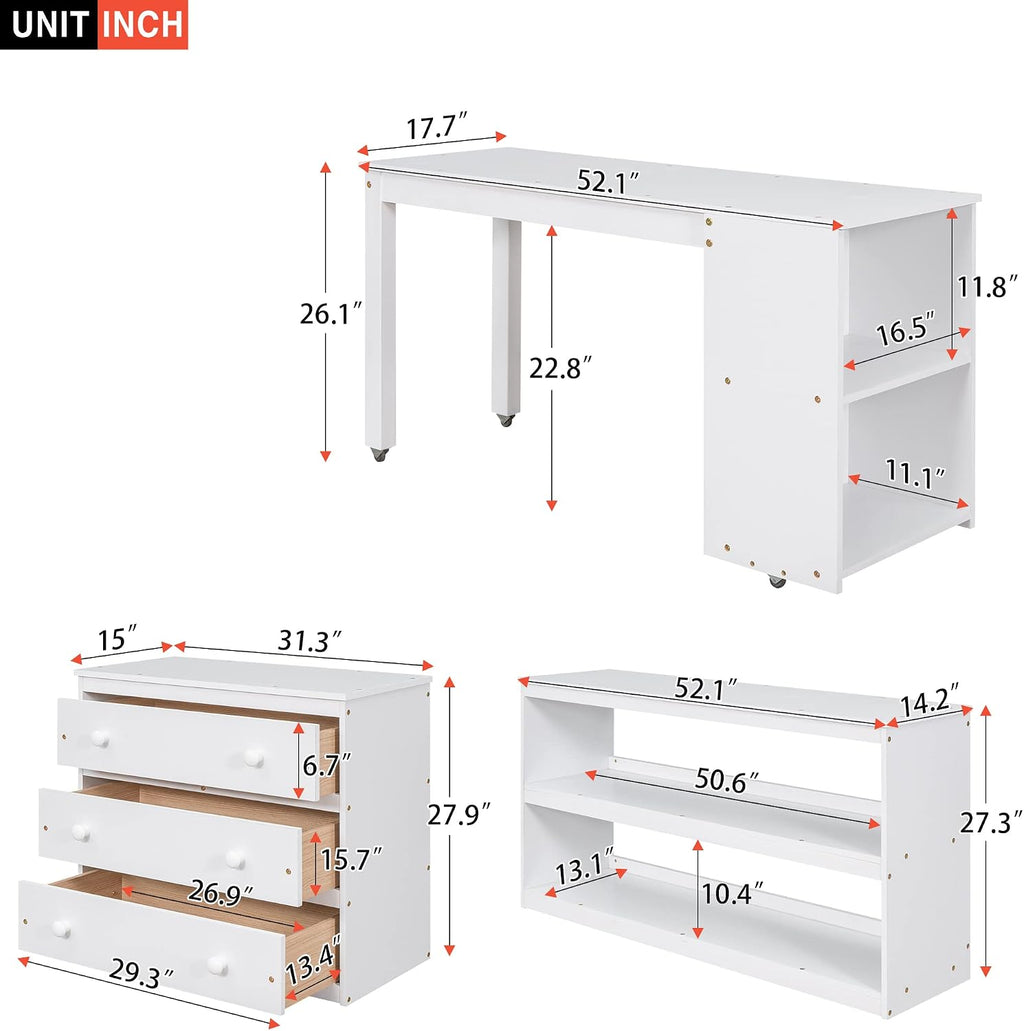 JIVOIT Full Size Low Loft Bed with Rolling Portable Desk, Wooden Loft Bed with Cabinet/Bookshelf/Drawers/Open Shelves for Kids Teens Adults, No Box Spring Required (White-Full-Rolling Portable Desk)