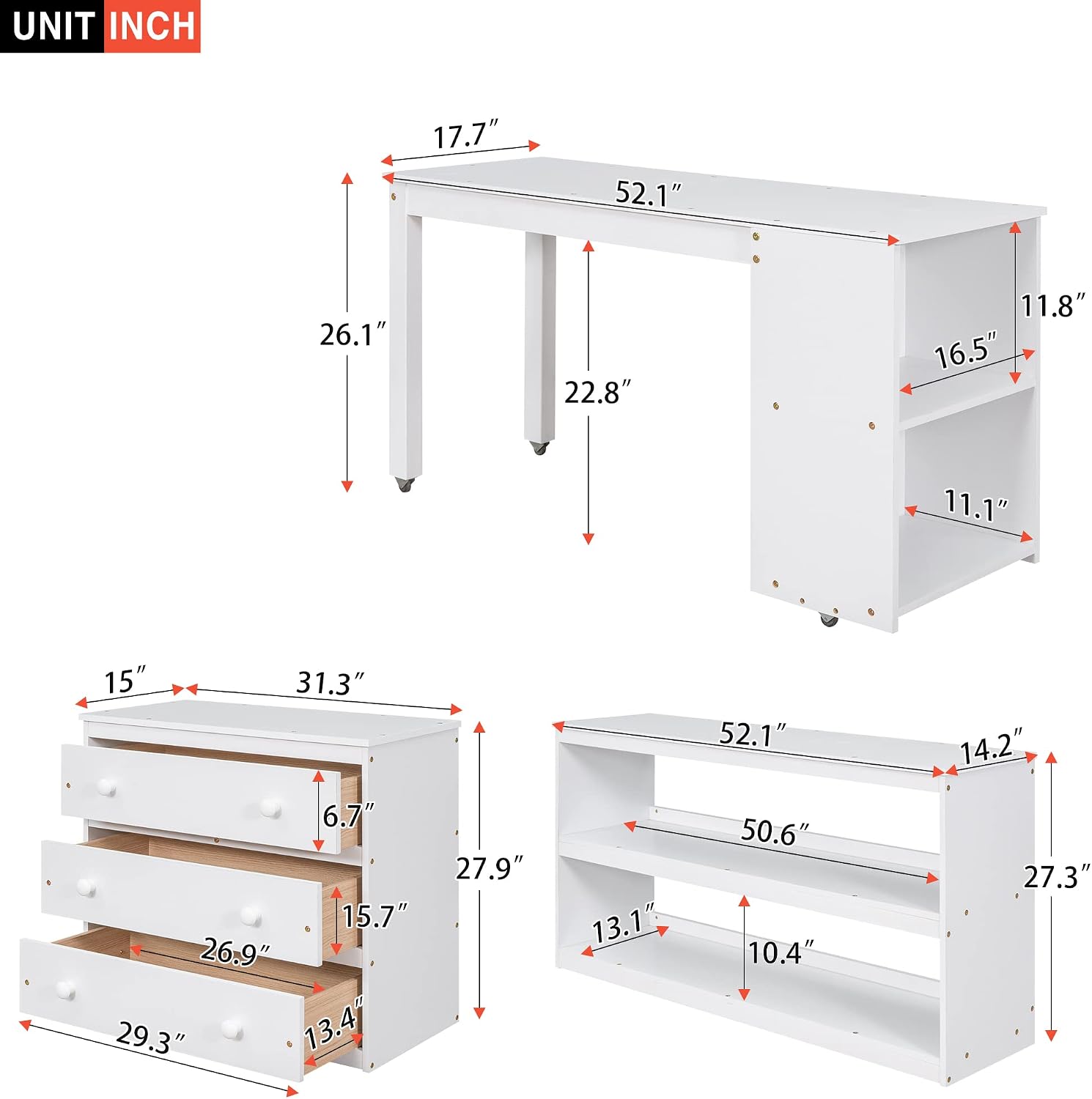 JIVOIT Full Size Low Loft Bed with Rolling Portable Desk, Wooden Loft Bed with Cabinet/Bookshelf/Drawers/Open Shelves for Kids Teens Adults, No Box Spring Required (White-Full-Rolling Portable Desk)