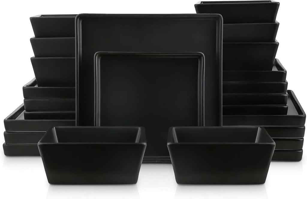 Stone Lain Grace Square Stoneware Dinnerware Set, 24 Piece Service For 8, Plates and Bowls Dish Set, Black