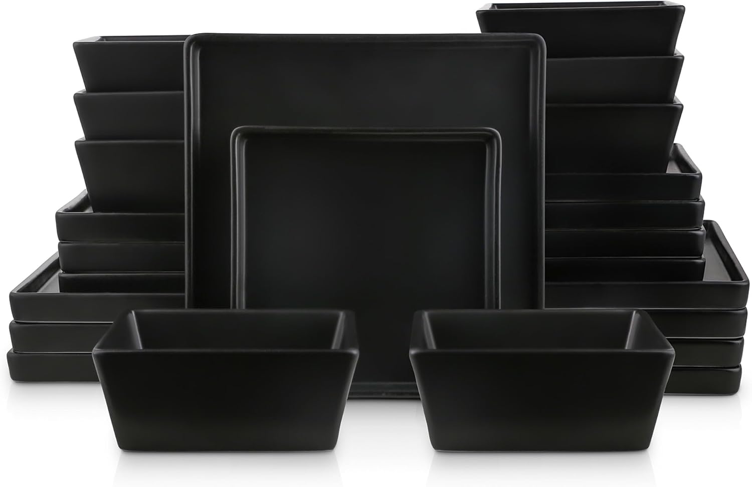 Stone Lain Grace Square Stoneware Dinnerware Set, 24 Piece Service For 8, Plates and Bowls Dish Set, Black