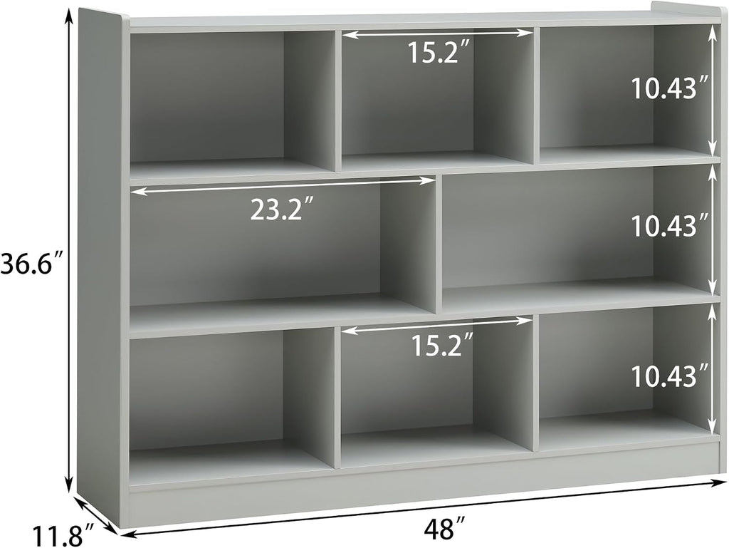 3-Tier Bookshelf, 8-Section Wooden Bookcase, Storage Organizer with Anti-Tilt Device, Modern Storage Display Cabinet for Living Room, Classroom, Kid's Room (Grey)