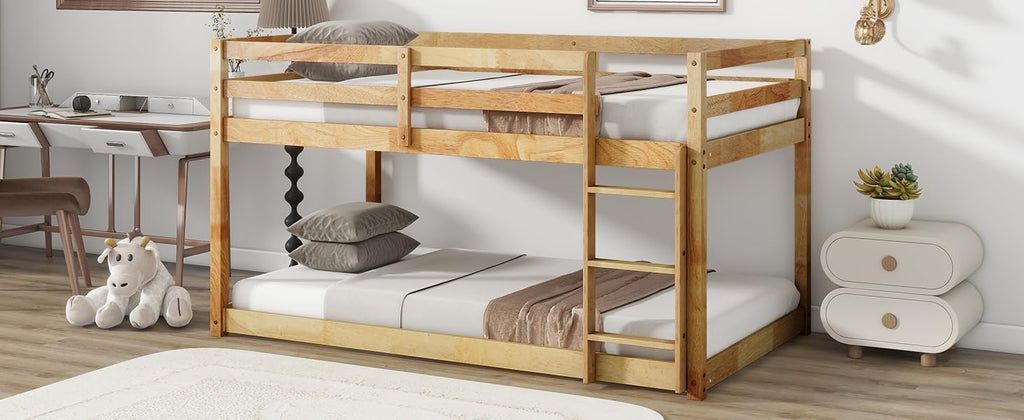 Ball & Cast Twin Over Twin Bunk Bed,Solid Rubber Wooden Low Floor Platform Bed with Ladder and Full Length Guardrail,Slat Support,Bedroom Furniture for Girls Boys,Natural