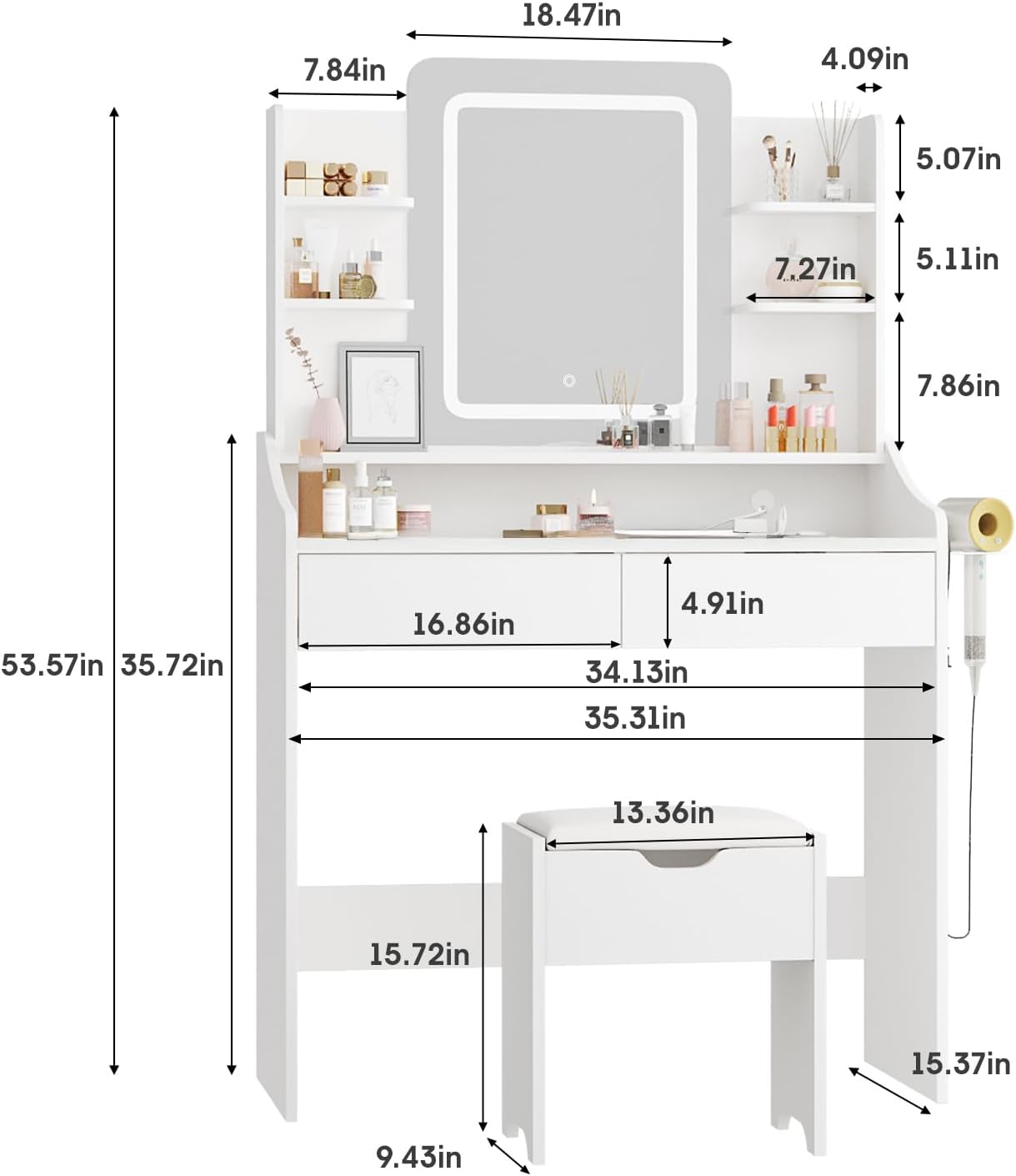 Vabches Vanity Desk with LED Mirror, Makeup Vanity with Power Outlet, 3 Lighting Modes Dressing Table with 2 Drawers & Hair Dryer Holder, for Bedroom Dressing Room, Women Girls White