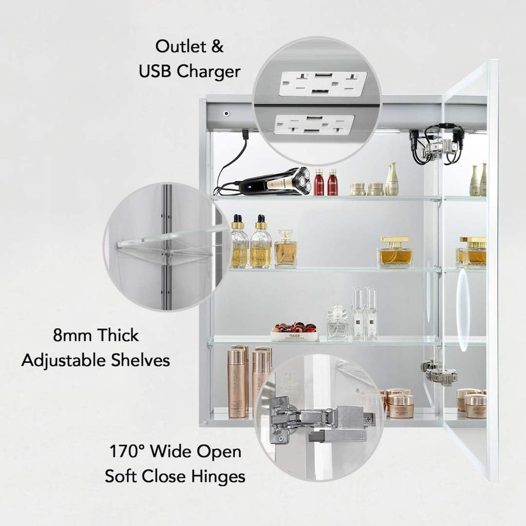 Blossom LED Medicine Cabinet with Mirror, 24x32 in, Lighted Bathroom Mirror Medicine Cabinet, Defogger, Recessed/Surface 3X Makeup Mirror, Adjustable Brightness, Outlets & USB, A2(M)-24-Right Hinge