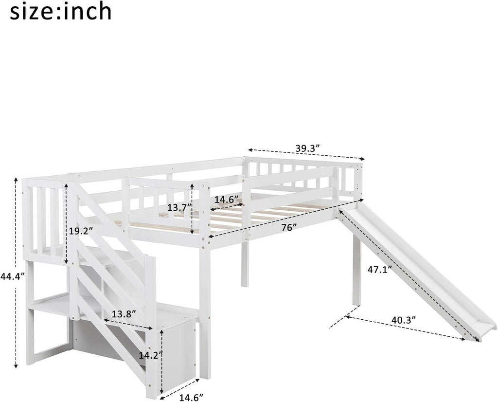 Twin Low Loft Bed with Adjustable Slide/Staircase/Storage Shelves for Kid/Boy/Girl/Teens, Full-Length Guardrails, Solid Wood, Space-Saving (White+Low Loft Bed)