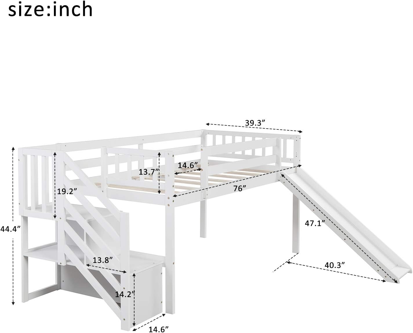 Twin Low Loft Bed with Adjustable Slide/Staircase/Storage Shelves for Kid/Boy/Girl/Teens, Full-Length Guardrails, Solid Wood, Space-Saving (White+Low Loft Bed)
